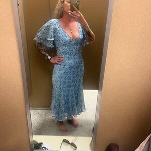 Free People Blue Floral Midi Dress with Flutter Sleeves
